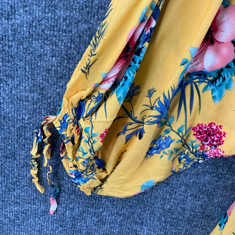 UMGEE Dress‎ Small Yellow Floral V-Neck Dolman Sleeves Peasant Beachy Festival
